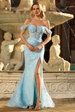 Sparkly Blue Corset Mermaid Off The Shoulder Long Formal Dress with Sequins