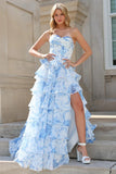 Floral A Line Strapless Corset Tiered Blush Formal Dress with Slit