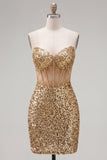 Sparkly Golden Bodycon Sweetheart Sheer Corset Sequins Homecoming Dress