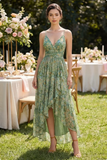 Dusty Green Ruched V-Neck High Low Floral Wedding Guest Dress with Ruffles