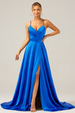 Royal Blue A Line Spaghetti Straps Satin Formal Dress with Slit