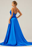 Royal Blue A Line Spaghetti Straps Satin Formal Dress with Slit