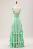 Green A Line Off The Shoulder Corset Bridesmaid Dress With Ruffles