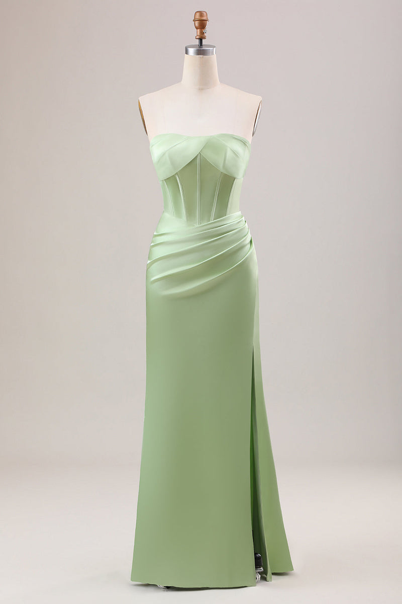 Load image into Gallery viewer, Green Sheath Corset Strapless Long Bridesmaid Dress With Slit