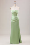 Sheath Corset Strapless Long Green Bridesmaid Dress With Slit