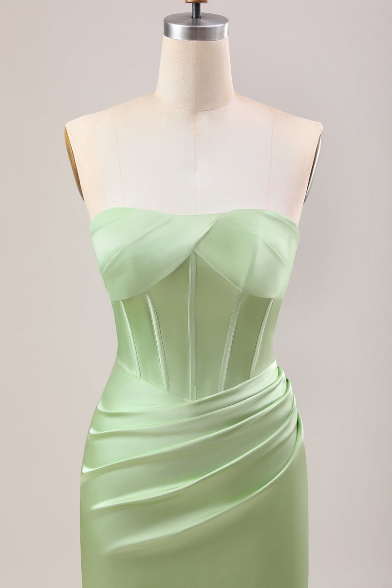 Load image into Gallery viewer, Green Sheath Corset Strapless Long Bridesmaid Dress With Slit