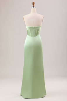 Green Sheath Corset Strapless Long Bridesmaid Dress With Slit