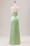 Sheath Corset Strapless Long Green Bridesmaid Dress With Slit