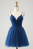 Navy A Line Spaghetti Straps Tulle Lace- Up Back Cocktail Dress