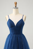 Navy A Line Spaghetti Straps Tulle Lace- Up Back Cocktail Dress