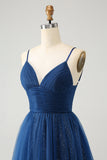 Navy A Line Spaghetti Straps Tulle Lace- Up Back Cocktail Dress