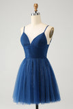 Navy A Line Spaghetti Straps Tulle Lace- Up Back Cocktail Dress