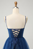 Navy A Line Spaghetti Straps Tulle Lace- Up Back Cocktail Dress