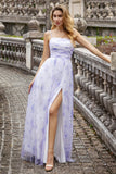 Lavender Flower A Line Spaghetti Straps Long Bridesmaid Dress with Slit