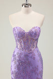 Purple Mermaid Corset Strapless Long Formal Dress with Appliques