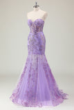 Purple Mermaid Corset Strapless Long Formal Dress with Appliques