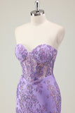 Purple Mermaid Corset Strapless Long Formal Dress with Appliques