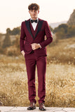 3 Pieces Peak Lapel Burgundy Men's Formal Suits