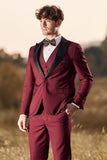 3 Pieces Peak Lapel Burgundy Men's Formal Suits