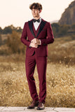 3 Pieces Peak Lapel Burgundy Men's Formal Suits