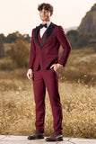 3 Pieces Peak Lapel Burgundy Men's Formal Suits