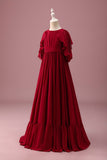 Burgundy A-Line Round Neck Chiffon Half Sleeves Long Junior Bridesmaid Dress