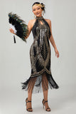 Sparkly Halter Black Golden Sequins Gatsby Midi 1920s Dress with Fringes