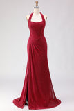 Dark Red Halter Beaded Mermaid Lace Up Back Long Prom Dress with Slit