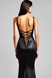 Mermaid Spaghetti Straps Sequined Black Tie Dress with Lace Up Back