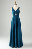 Dusty Blue A Line V Neck Keyhole Long Bridesmaid Dress