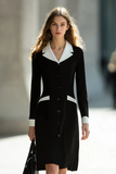 Black and White Single Breasted Midi Work Dress