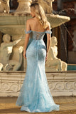 Sparkly Blue Corset Mermaid Off The Shoulder Long Formal Dress with Sequins