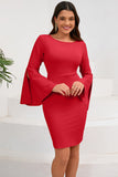 Bodycon Pink Round Neck Midi Cocktail Dress with Long Sleeves