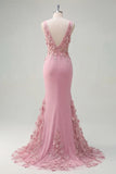 Mermaid Taro V-Neck Ruched Long Prom Dress with Appliqued 3D Flowers
