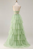 Strapless Green A Line Corset Tiered Ruffle Tulle Long Prom Dress with Slit