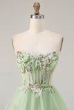 Strapless Green A Line Corset Tiered Ruffle Tulle Long Prom Dress with Slit