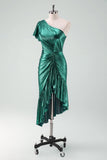 Dark Green Metallic One Shoulder Mermaid Cocktail Dress with Ruffles