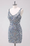 Sparkly Silver Bodycon V-Neck Short Homecoming Dress with Sequins