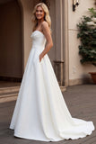 Simple Ivory Strapless A Line Satin Sweep Train Wedding Dress