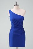 Royal Blue One Shoulder Bodycon Ruched Short Cocktail Dress