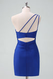 Royal Blue One Shoulder Bodycon Ruched Short Cocktail Dress