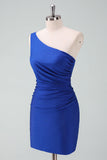 Royal Blue One Shoulder Bodycon Ruched Short Cocktail Dress