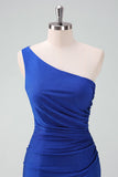 Royal Blue One Shoulder Bodycon Ruched Short Cocktail Dress