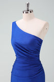 Royal Blue One Shoulder Bodycon Ruched Short Cocktail Dress