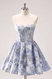 A Line Blue Sweetheart Floral Corset Cocktail Dress