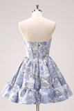 A Line Blue Sweetheart Floral Corset Cocktail Dress