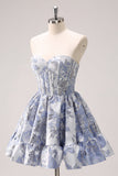 A Line Blue Sweetheart Floral Corset Cocktail Dress