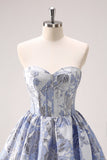 A Line Blue Sweetheart Floral Corset Cocktail Dress