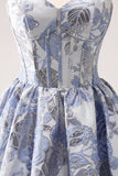 A Line Blue Sweetheart Floral Corset Cocktail Dress