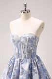 A Line Blue Sweetheart Floral Corset Cocktail Dress